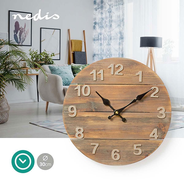 Ceas de perete NEDIS CLWA002WD30, 12 cifre, diametru 30 cm, maro