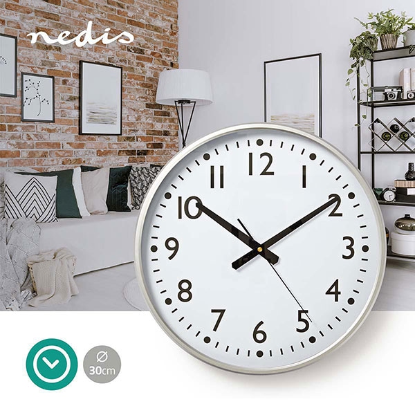 Ceas de perete NEDIS CLWA016PC38AL, 12 cifre, diametru 30 cm, fundal alb, argintiu