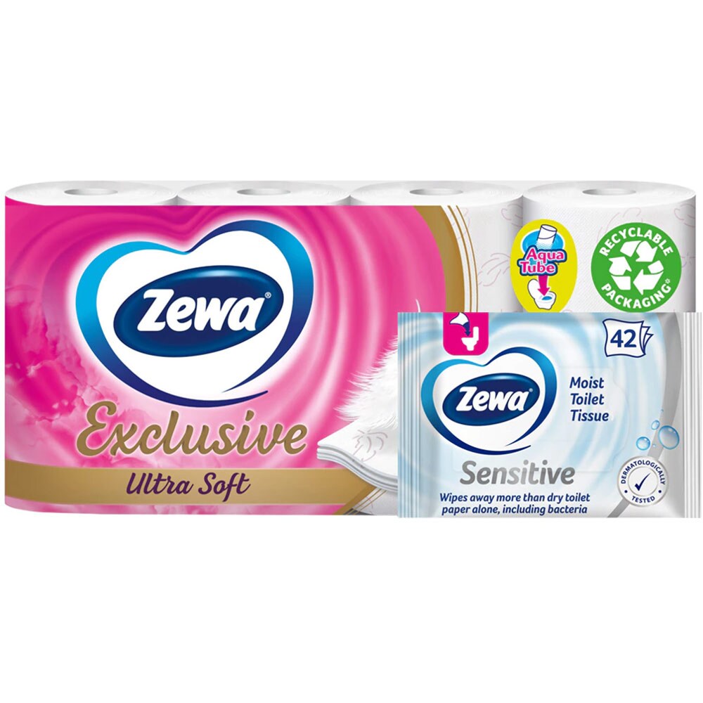 Pachet hartie igienica ZEWA Exclusive Ultra Soft, 4 straturi, 8 role + hartie igienica umeda ZEWA Sensitive, 42 bucati