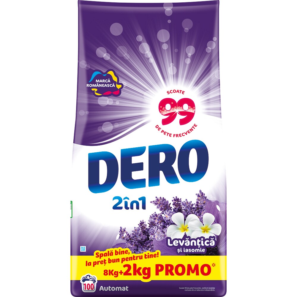 Detergent automat DERO 2 in 1 Lavanda, 8+2 kg gratis, 100 spalari