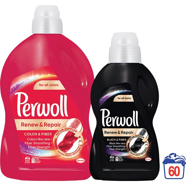 Pachet Detergent lichid PERWOLL Renew Color, 2.7L, 45 spalari + Detergent lichid PERWOLL Renew Black, 900ml, 15 spalari