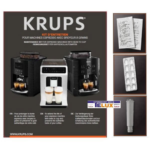 Kit decalcifiere KRUPS XS530010: 2 plicuri decalcifiere + 1 test pentru a verifica duritatea apei + 10 tablete decalcifiere 