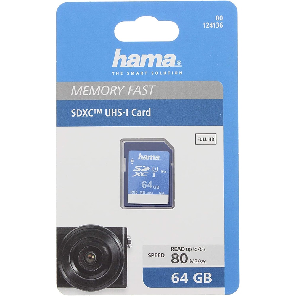 Card de memorie HAMA 124136, SDXC, 64GB, 80MB/s, clasa 10/U1/V10, UHS-I