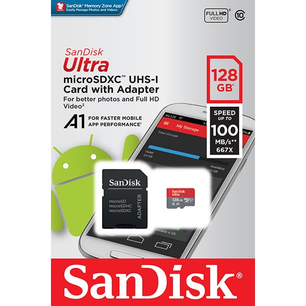 Card de memorie SANDISK Ultra microSDXC 128GB, clasa 10 A1 UHS-I, 100MBs, adaptor