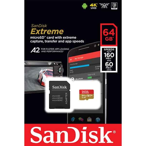 Card de memorie SANDISK Extreme, microSDXC, 64GB, 160MB/s, clasa 10/U3/V30/A2, UHS-I, adaptor