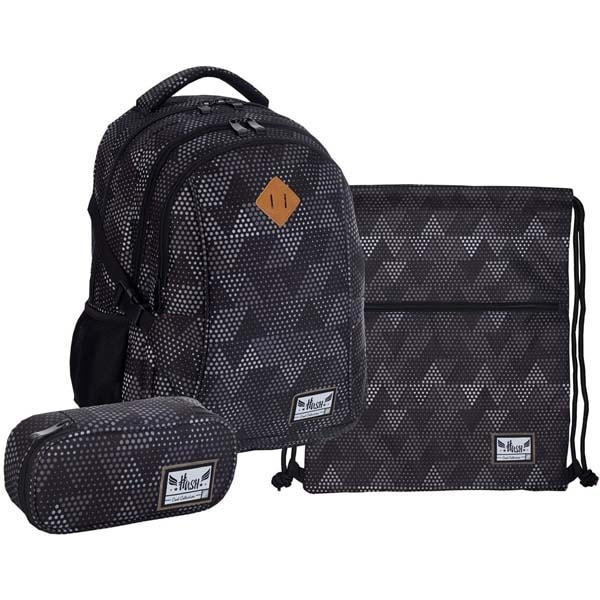 Set ghiozdan, penar si saculet incaltaminte Hash, complet echipat de scoala, design negru