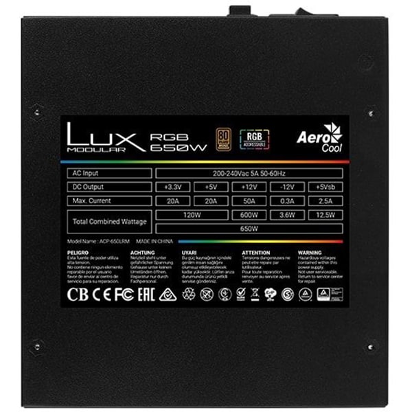 Sursa PC AEROCOOL Lux RGB, 650W, 120mm, 80 Plus Bronze