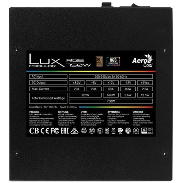 Sursa PC AEROCOOL Lux RGB, 750W, 120mm, 80 Plus Bronze