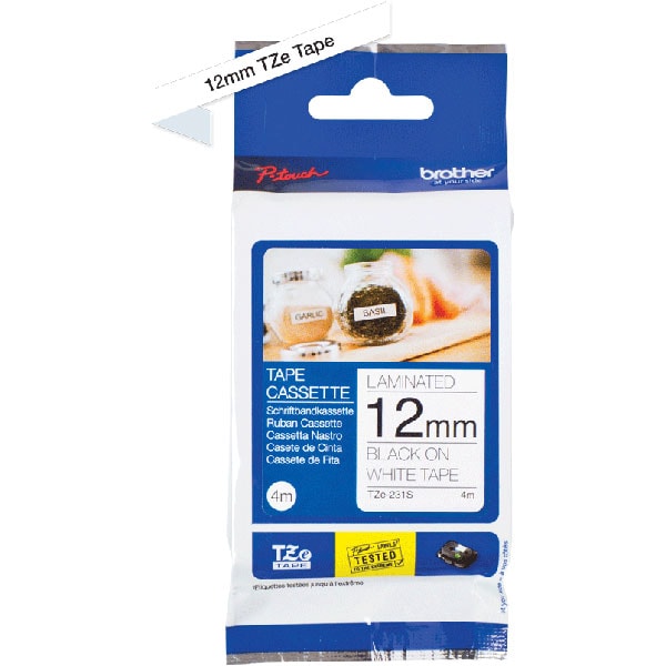 Banda etichete BROTHER TZe-231S, 12 mm, 4 m, Negru pe Alb