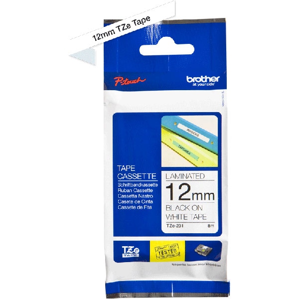 Banda etichete BROTHER TZe-231, 12 mm, 8 m, Negru pe Alb
