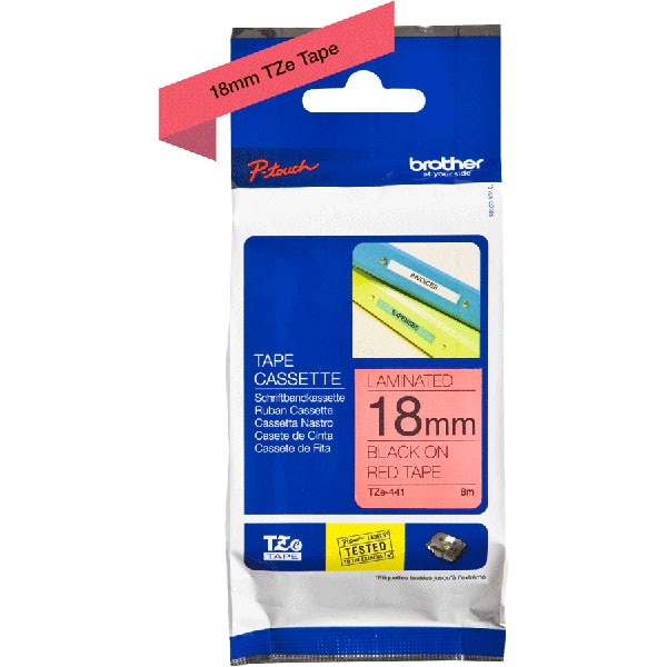 Banda etichete BROTHER TZe-441, 18 mm, 8 m, Negru pe Rosu