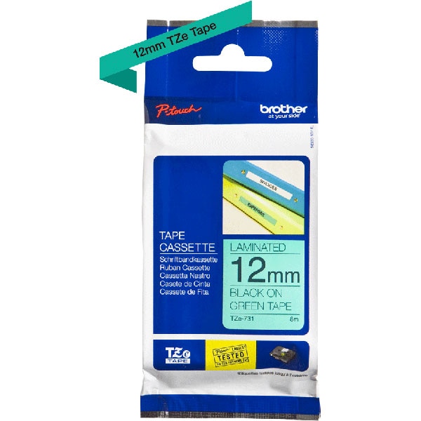 Banda etichete BROTHER TZe-731, 12 mm, 8 m, Negru pe Verde