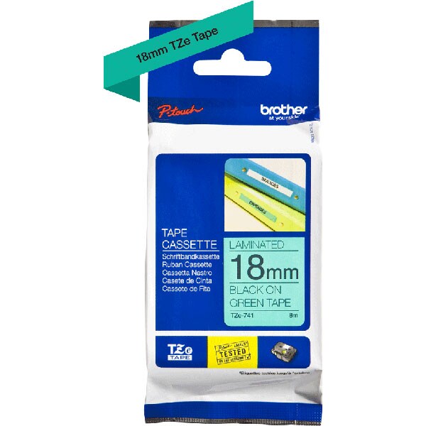 Banda etichete BROTHER TZe-741, 18 mm, 8 m, Negru pe Verde