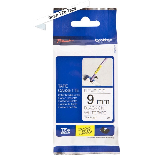 Banda etichete BROTHER TZe-FX221, 9 mm, 8 m, Negru pe Alb