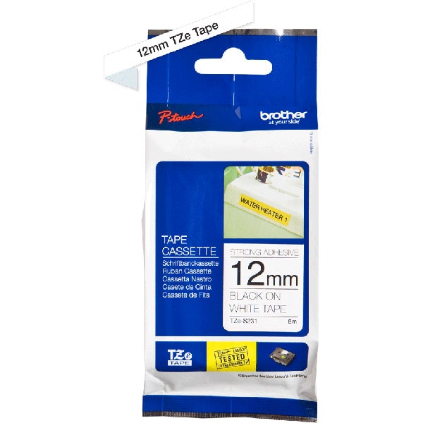 Banda etichete BROTHER TZe-S231, 12 mm, 8 m, Negru pe Alb