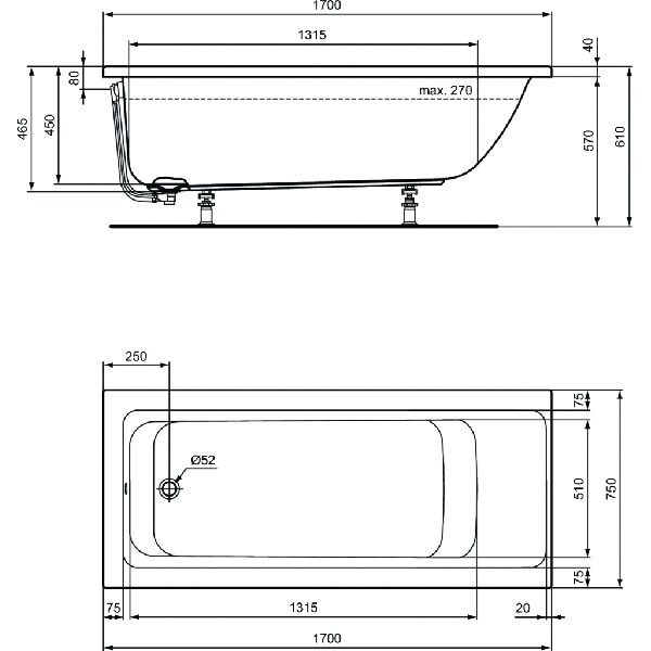 Cada baie IDEAL STANDARD Connect Air E106401, 170 x 75 x 45 cm, acril, alb