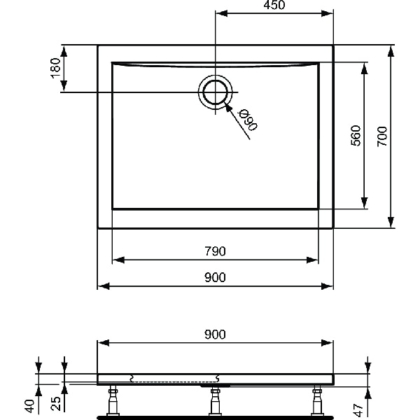 Cadita dus IDEAL STANDARD Ultra Flat K193401, 90 x 70 cm, acril, alb
