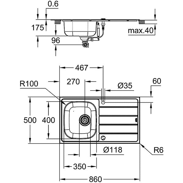 Pachet chiuveta GROHE 31562SD1, 1 cuva, picurator reversibil, inox + baterie Bau 3, argintiu