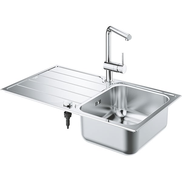 Pachet chiuveta GROHE 31573SD1, 1 cuva, picurator reversibil, inox + baterie Minta, argintiu