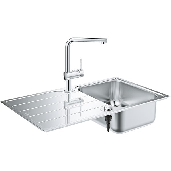 Pachet chiuveta GROHE 31573SD1, 1 cuva, picurator reversibil, inox + baterie Minta, argintiu