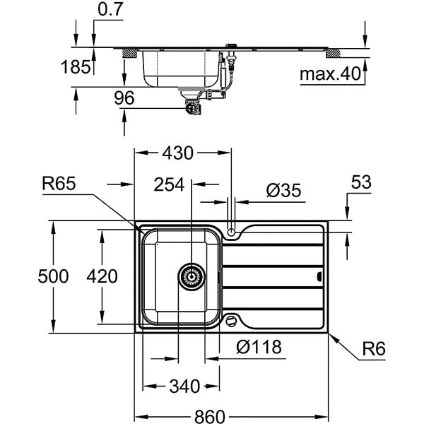Pachet chiuveta GROHE 31573SD1, 1 cuva, picurator reversibil, inox + baterie Minta, argintiu