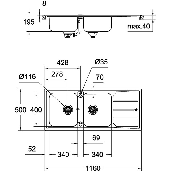 Chiuveta bucatarie GROHE K500 31588SD0, 2 cuve, picurator reversibil, otel inoxidabil, inox satinat