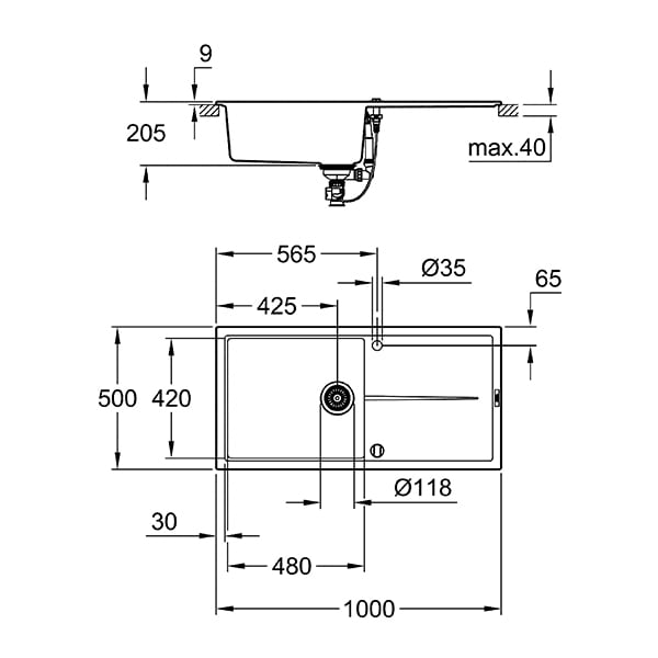 Chiuveta bucatarie GROHE K400 31641AP0, 1 cuva, picurator reversibil, compozit quartz, negru