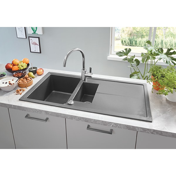 Chiuveta bucatarie GROHE K400 31642AT0, 1 1/2 cuve, picurator reversibil, compozit quartz, antracit