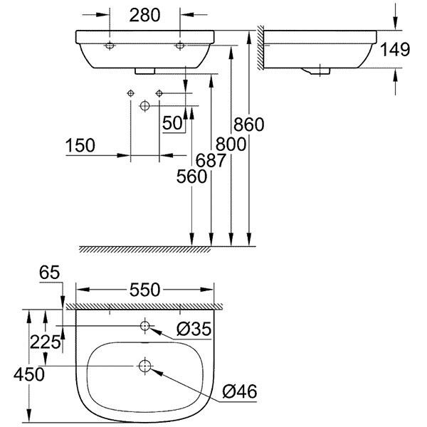 Chiuveta baie GROHE Euro Ceramic 3933600H, montare pe perete, 55 x 45 cm, alb