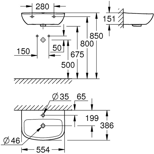 Chiuveta baie GROHE Bau Ceramic 39440000, montare pe perete, 55.4 x 38.6 cm, alb