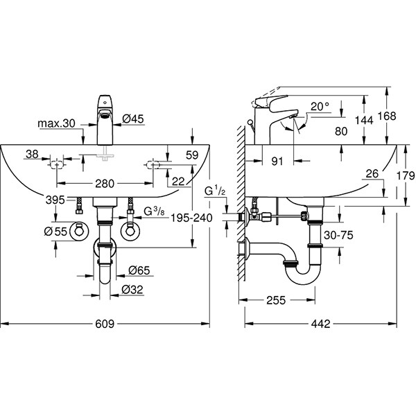 Set chiuveta baie GROHE Bau 39472000, montare pe perete, 60.9 x 44.2 cm + baterie Start Flow 23809000, crom-alb