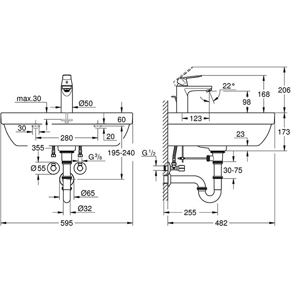 Set chiuveta baie GROHE Euro Ceramic 39642000, montare pe perete, 59.5 x 48.2 cm + baterie Eurosmart Cosmopolitan 23325000, crom-alb