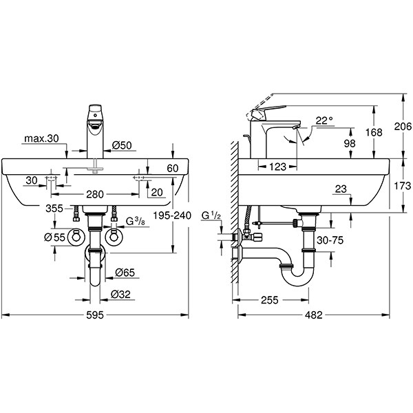 Set chiuveta baie GROHE Euro Ceramic 39642KW0, montare pe perete, 59.5 x 48.2 cm + baterie Eurosmart Cosmopolitan 23325KW0, negru-alb