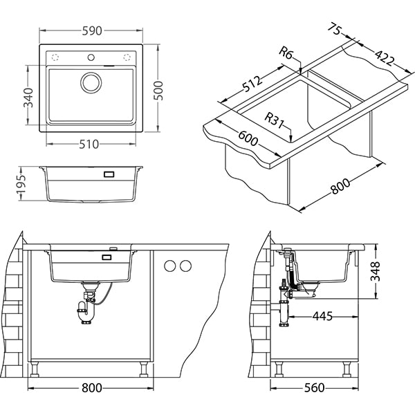 Pachet chiuveta ALVEUS ATROX 30, 1 cuva, compozit granit + baterie GM 240, alb