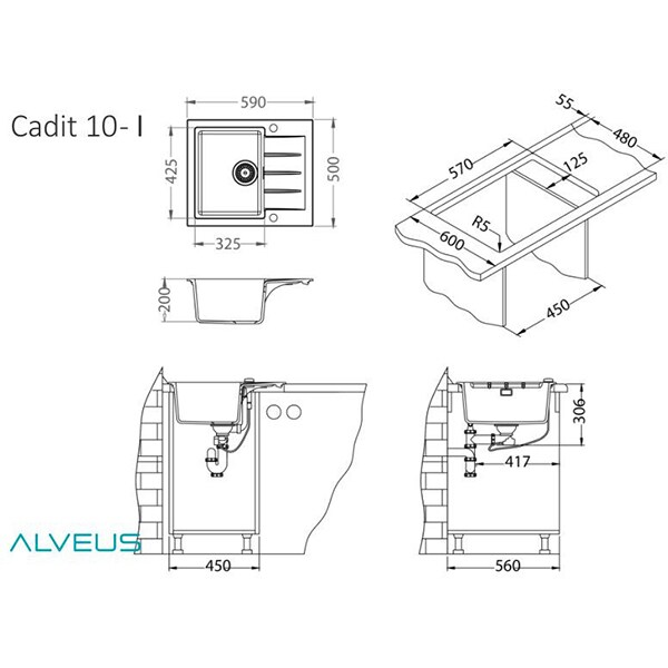 Pachet chiuveta ALVEUS CADIT 10, 1 cuva, compozit granit + baterie GM 240, negru
