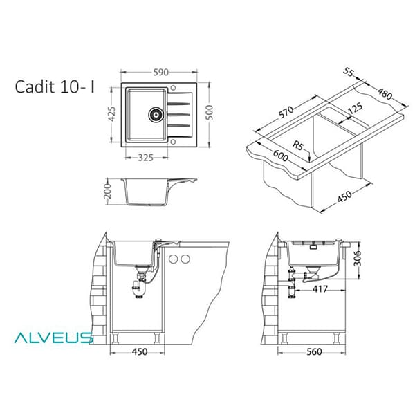 Pachet chiuveta ALVEUS CADIT 10, 1 cuva, compozit granit + baterie GM 240, alb 