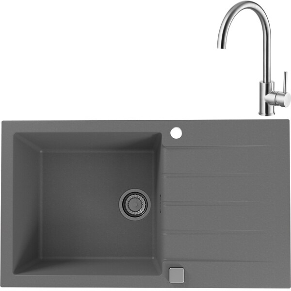 Pachet chiuveta ALVEUS CADIT 40, 1 cuva, compozit granit + baterie TONIA brushed, gri