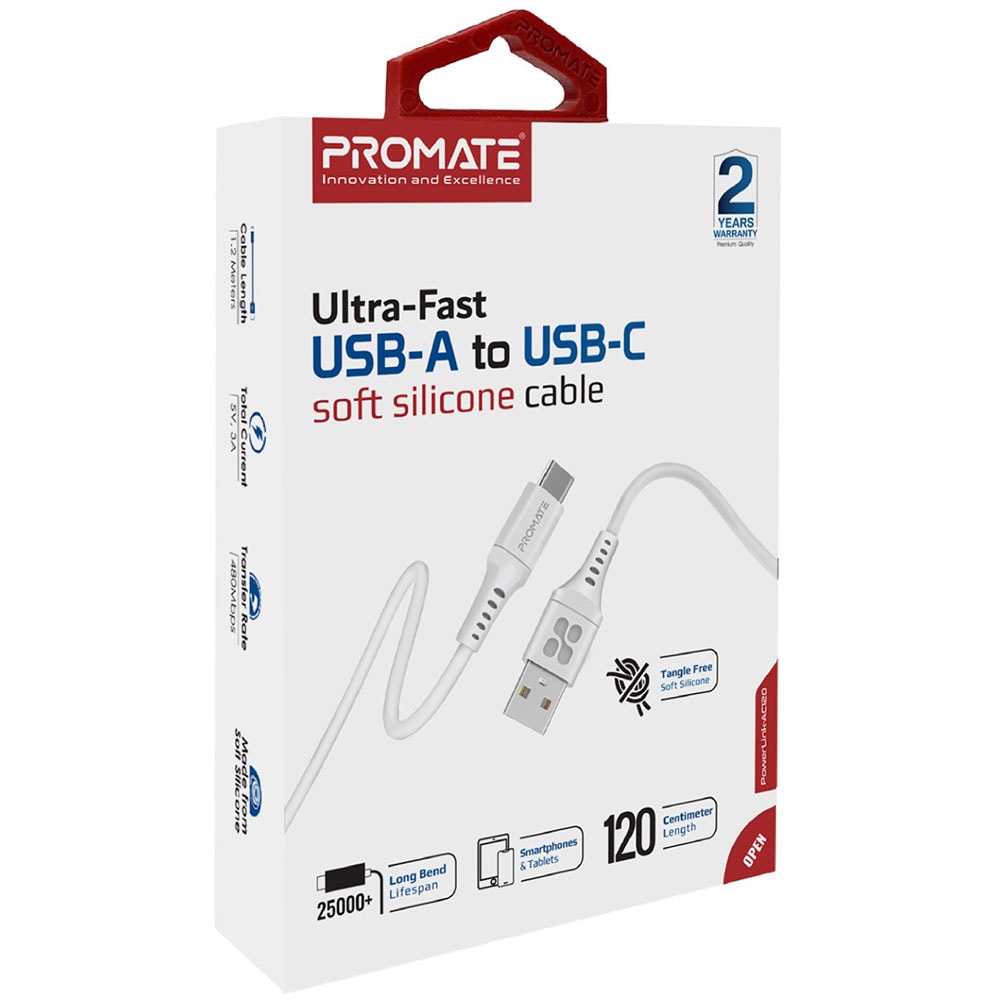 Cablu date PROMATE PowerLink-AC120, USB-A - USB-C, 1.2m, alb