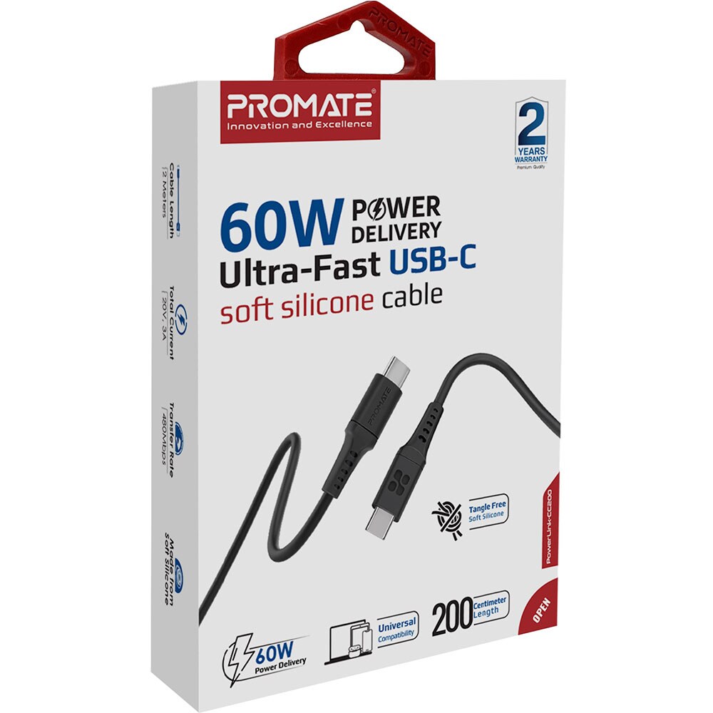 Cablu date PROMATE PowerLink-CC200, USB-C - USB-C, Power Delivery (PD) 60W, 2m, negru