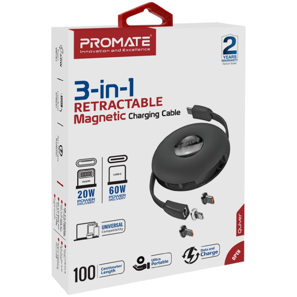 Cablu date PROMATE Quiver 3-in-1, USB-C - USB-C/MicroUSB/Lightning, Power Delivery (PD) 60W, 1m, negru