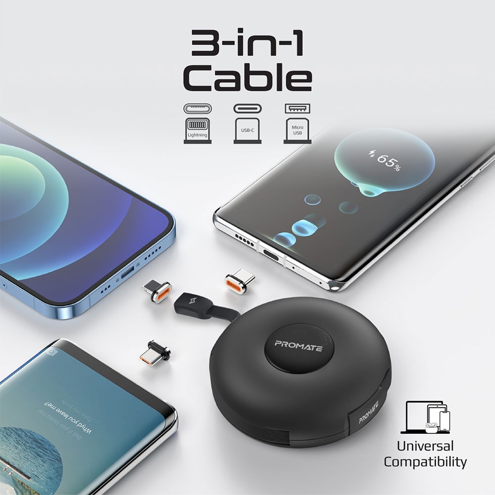 Cablu date PROMATE Quiver 3-in-1, USB-C - USB-C/MicroUSB/Lightning, Power Delivery (PD) 60W, 1m, negru