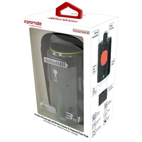 Lanterna LED campnig PROMATE CampMate-2, 200 lumeni, Powerbank 10000mAh, Boxa Bluetooth, negru-galben