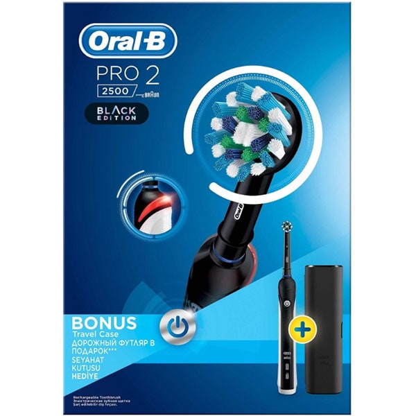 Periuta de dinti electrica ORAL-B PRO 2 2500, 40000 pulsatii/min, 8800 oscilatii/min, Curatare 3D, 2 programe, 1 capat, Trusa de calatorie, negru