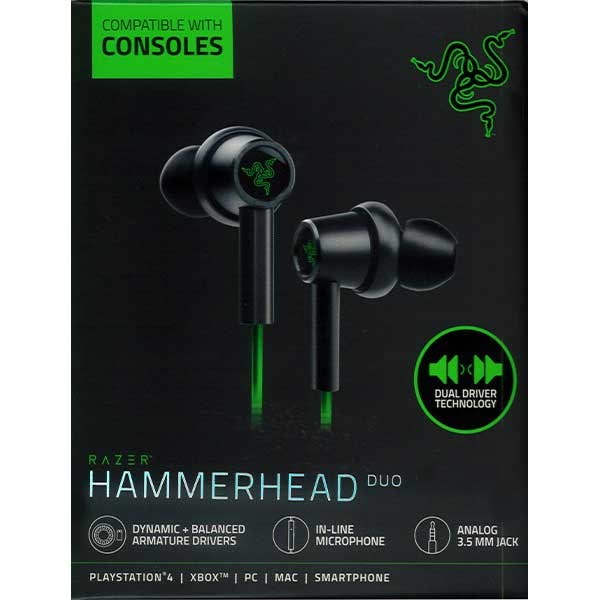 Casti Gaming RAZER Hammerhead Duo Console, multiplatforma, 3.5mm, negru-verde