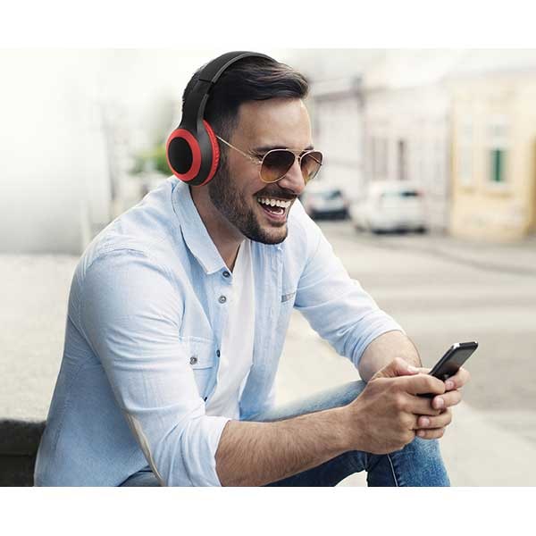 Casti PROMATE LaBoca, Over-ear, Bluetooth, Microfon, Radio FM, Slot Card Micro-SD, rosu