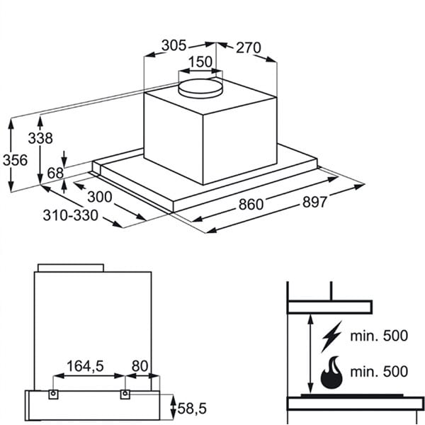 Hota incorporabila telescopica AEG DPE5950G, 1 motor, 603 m3/h, L 86 cm, inox