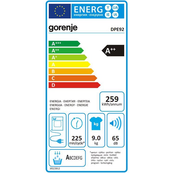 Uscator de rufe GORENJE DPE92, Pompa de caldura, 9 kg, 16 programe, Clasa A++, alb