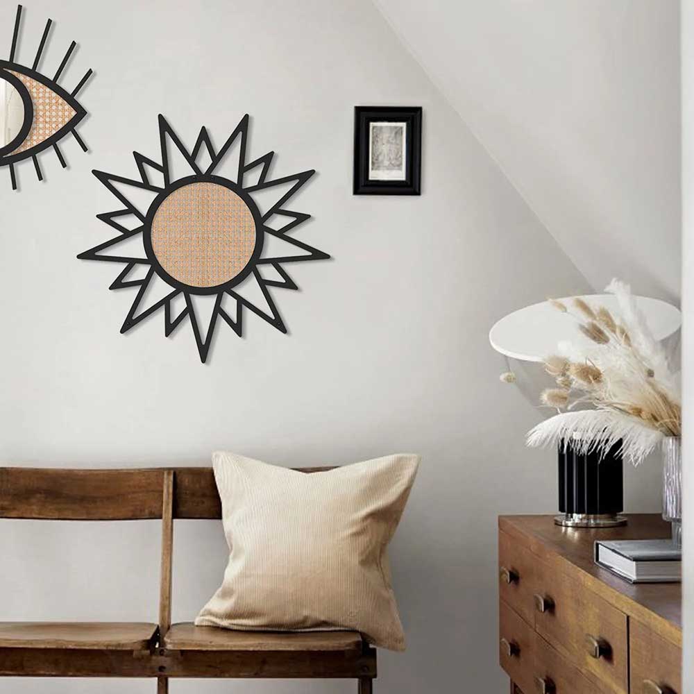 Decoratiune perete Rattan wicker sun, 45 x 45 cm, metal, negru-bej