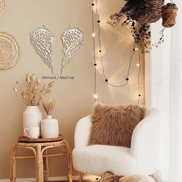 Decoratiune perete Angel Wings, 23 x 50 cm, metal, alb