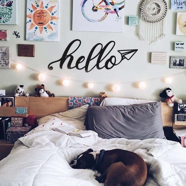Decoratiune perete Hello Metal, 85 x 31 cm, metal, negru